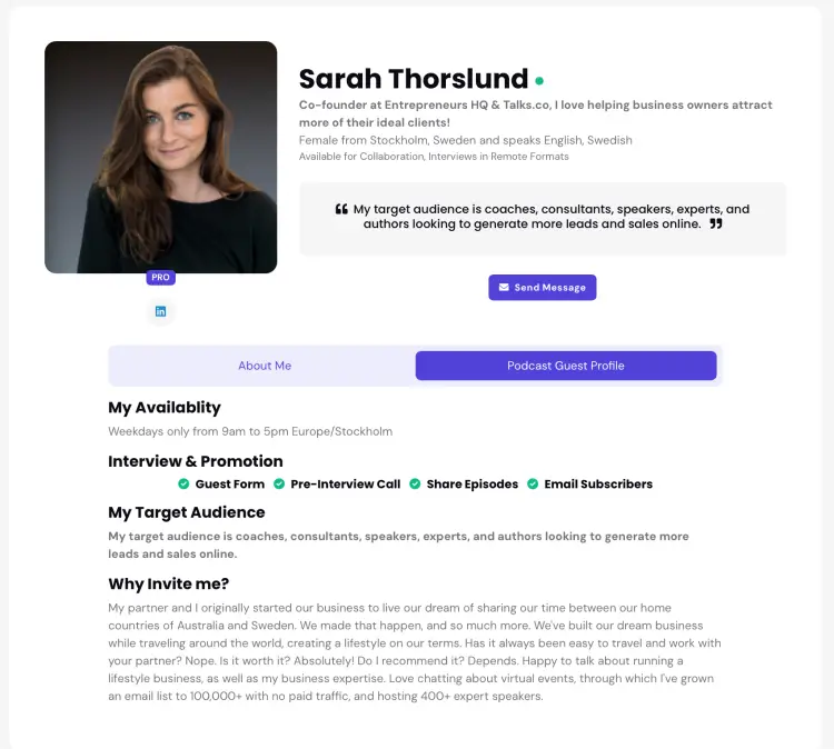 Establish your expertise with Sarah Thorslund's speaker one sheet example, highlighting her skills and target audience