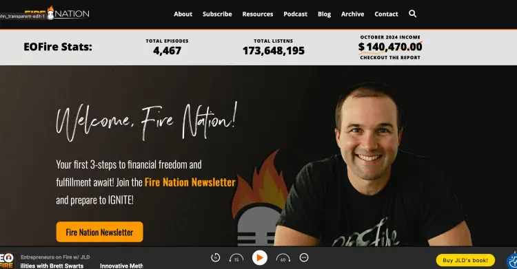 Example of advertising your podcast by showcasing credibility, total listens, and income stats.