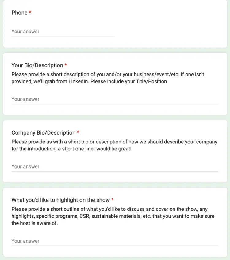 Conscious Design podcast guest application form requesting a subscriber's bio, company description, and show highlights.