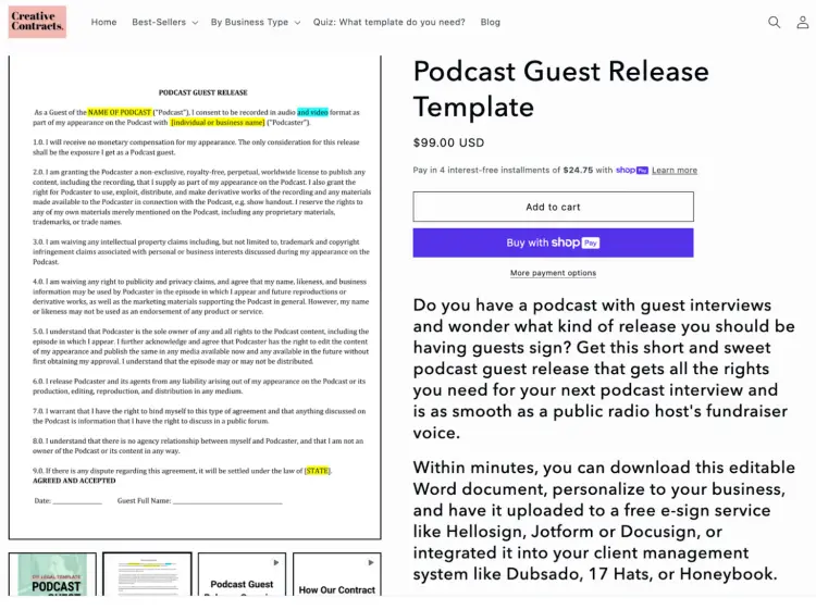 Podcast guest release template ensuring guests understand rights, consent, and terms for interviews.