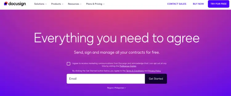 DocuSign platform homepage showcasing tools to send, sign, and manage contracts, useful for creating podcast guest release forms.