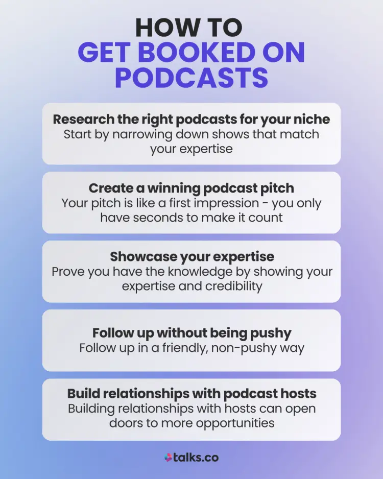 Easy way to get booked on podcasts, including researching the right podcasts, creating a winning pitch, showcasing expertise, following up without being pushy, and building relationships with hosts.