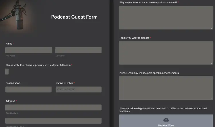 Editable free podcast guest application form template from JotForm, allowing input for guest details and topics of discussion.