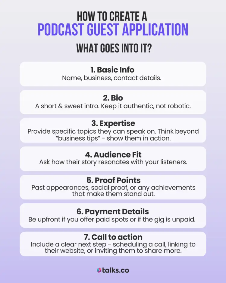 A step-by-step guide to creating a podcast guest application with essential elements for podcast interviews.