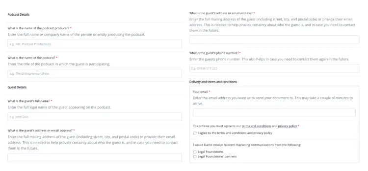 Podcast guest release form template for legal documentation, including fields for podcast details, guest information, and terms agreement.