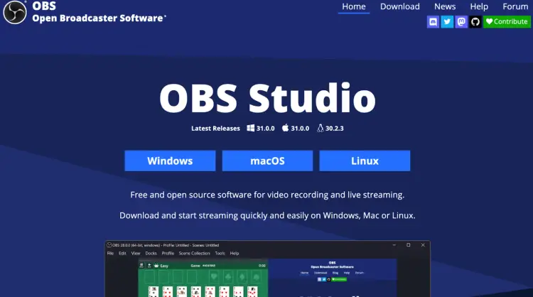 OBS Studio homepage showcasing its free and open-source audio and video recording and live streaming software.