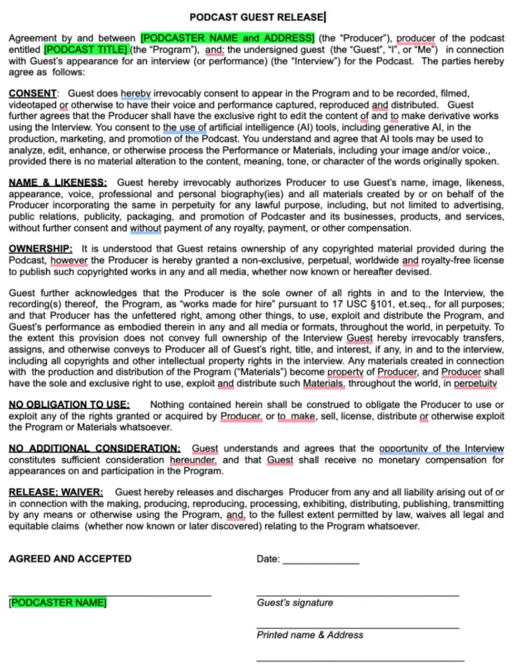 Podcast guest release form template with clauses for legal protection, consent, name and likeness rights, and ownership of materials.