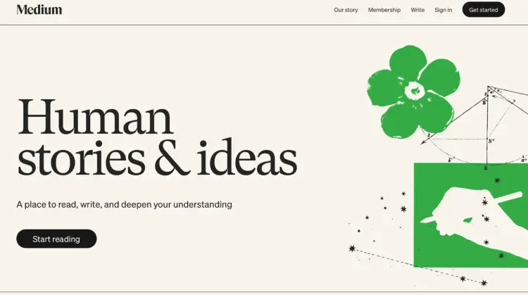 Medium homepage showcasing a platform where you can find potential guest writers for your podcast by exploring articles and stories.