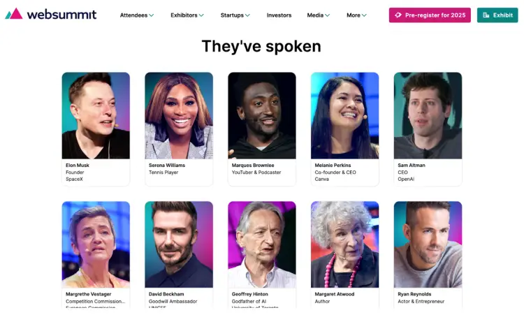 Web Summit features notable speakers who can be guests to follow for podcasts, including industry leaders and influencers.