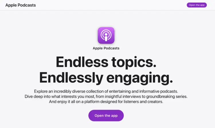 Apple Podcasts homepage promoting itself as a hub for your podcast, offering a diverse collection of informative and entertaining shows for listeners and creators.