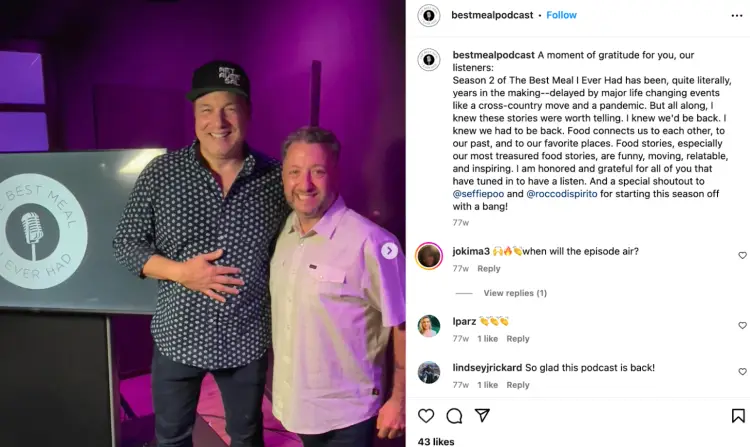 A photo from the Best Meal Podcast Instagram post featuring two men smiling on stage, with a "Best Meal Ever Had" sign in the background. The caption shares gratitude for listeners as Season 2 of the podcast launches, highlighting how food stories bring people together.