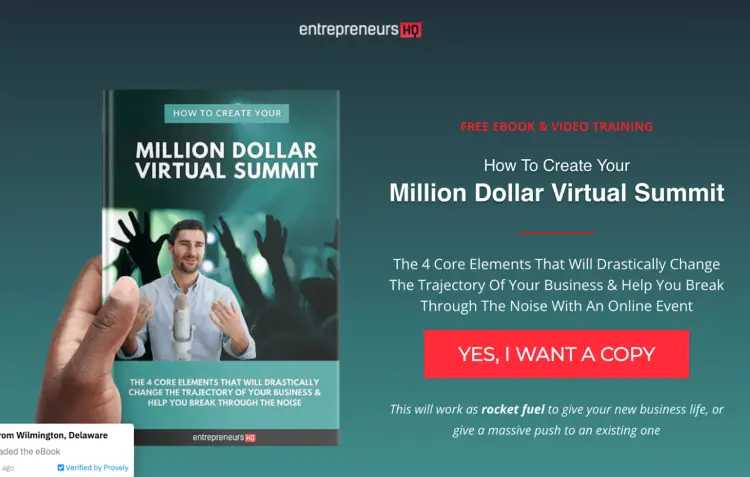 An ebook and video training offer from Entrepreneurs HQ, showcasing how to create a Million Dollar Virtual Summit. The landing page highlights the four core elements that can change the trajectory of a business using online events. A strong call-to-action invites users to download the free ebook and video training.