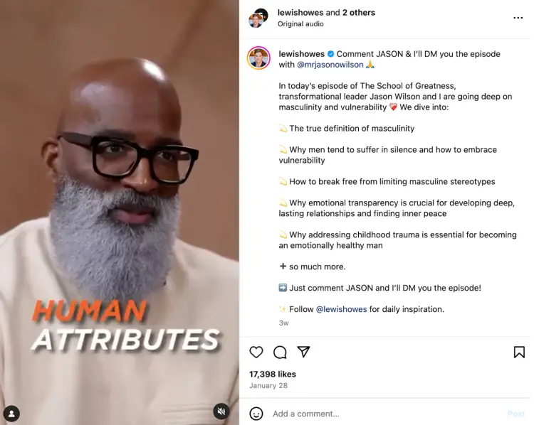 A screenshot of an Instagram post by Lewis Howes featuring a clip from his podcast episode with Jason Wilson. The image shows Jason Wilson speaking with an overlay text "HUMAN ATTRIBUTES." The caption highlights key discussion points, including masculinity, vulnerability, emotional transparency, and breaking free from limiting stereotypes.