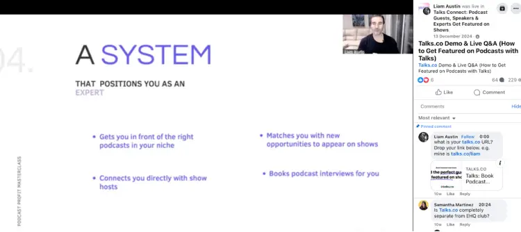 A screenshot of Liam Austin hosting a live Q&A session in the Talks Connect Facebook group, demonstrating how to make content from podcast episodes by repurposing them into interactive events.