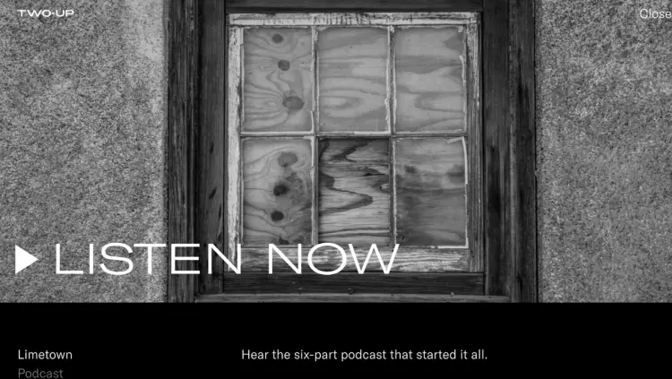 Limetown narrative podcast homepage featuring a black-and-white eerie image of an old wooden window, emphasizing its mystery-thriller storytelling format.