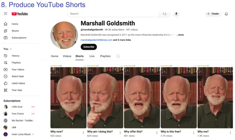 A screenshot of Marshall Goldsmith's YouTube Shorts page, featuring multiple short-form video clips where he discusses coaching insights and leadership strategies. Each video has a thought-provoking title such as "Why now?" and "Why me?" with varying view counts.
