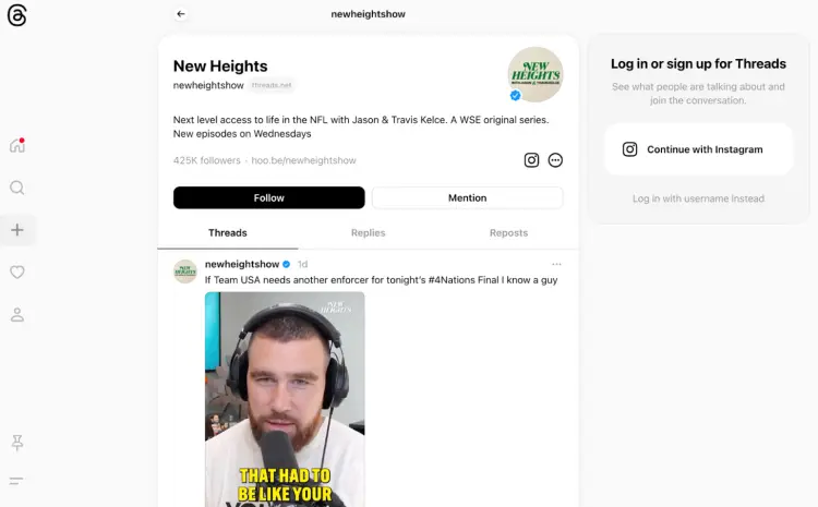 A screenshot of the New Heights podcast Threads profile, featuring Jason and Travis Kelce. The page highlights their NFL-focused podcast, with a featured post including a video clip of Travis Kelce wearing headphones and speaking into a microphone.