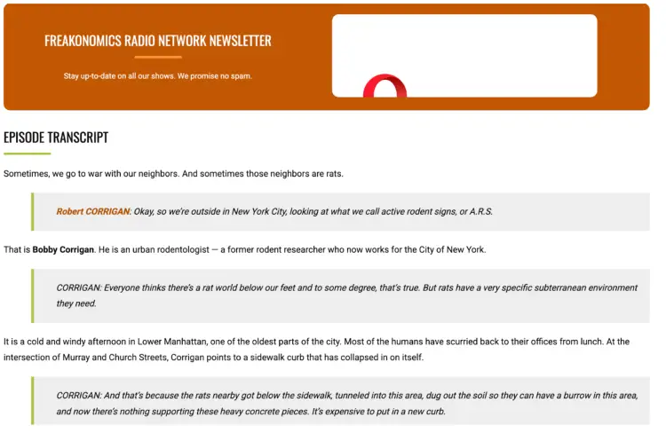 A webpage featuring a podcast transcription from the Freakonomics Radio Network, displaying an episode transcript with highlighted speaker dialogues and descriptive narration. The layout is structured to enhance readability and accessibility for podcast listeners who prefer text-based content.