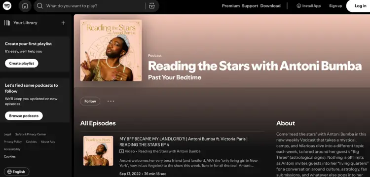 Reading the Stars with Antoni Bumba, an interview podcast on Spotify, featuring astrology, culture, and entertaining guest conversations.