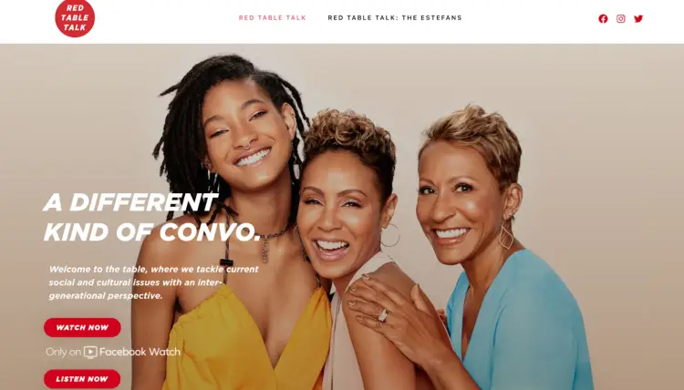 Red Table Talk featuring Jada Pinkett Smith, Willow Smith, and Adrienne Banfield-Norris, a roundtable discussion show engaging podcast listeners with deep conversations on social and cultural issues.