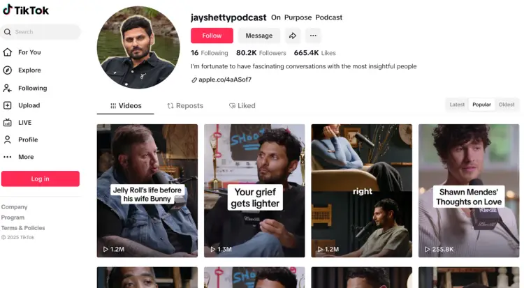 A screenshot of Jay Shetty’s TikTok page showcasing repurposed podcast episodes into various short-form video clips. The page features clips from his "On Purpose" podcast, including conversations with Jelly Roll, Shawn Mendes, and other guests.