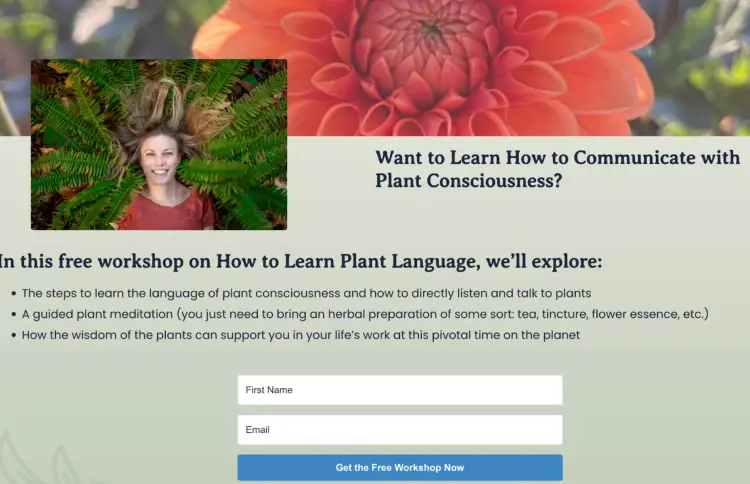 A promotional landing page for a free workshop on learning plant language, hosted by Sara Artemesia. The page invites podcast listeners to explore plant consciousness through meditation, wisdom practices, and direct communication with plants.
