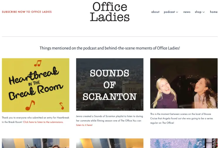 A behind-the-scenes look at the Office Ladies podcast website, showcasing exclusive content like fan submissions, curated playlists, and personal moments from the hosts related to The Office. The page highlights how the podcast repurposes episodes into engaging behind-the-scenes content for fans.