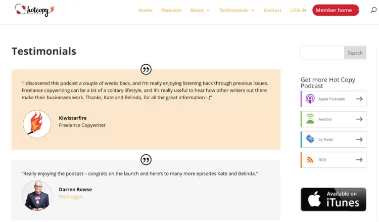 A podcast testimonial page for the Hot Copy Podcast featuring listener feedback from freelance writers and bloggers. The page highlights how sharing listener testimonials can boost credibility and encourage new listeners to engage with the podcast.