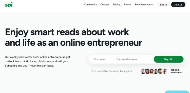 A screenshot of Smart Passive Income’s (SPI) website promoting their newsletter for online entrepreneurs. The page highlights how their weekly emails help subscribers overcome mind blocks, skill gaps, and blind spots.
