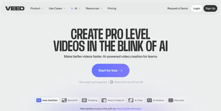 A screenshot of VEED's website showcasing its AI-powered video creation tool, which helps users generate professional-level videos quickly. The platform highlights features like auto subtitles, AI clips, dubbing, and text-to-video AI.