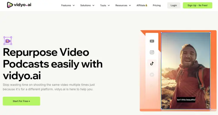 A promotional webpage for vidyo.ai, showcasing how the platform helps users repurpose video podcasts and create content for different social media platforms like YouTube, TikTok, and LinkedIn. The image features a smiling man outdoors with an overlay of a repurposed video format.