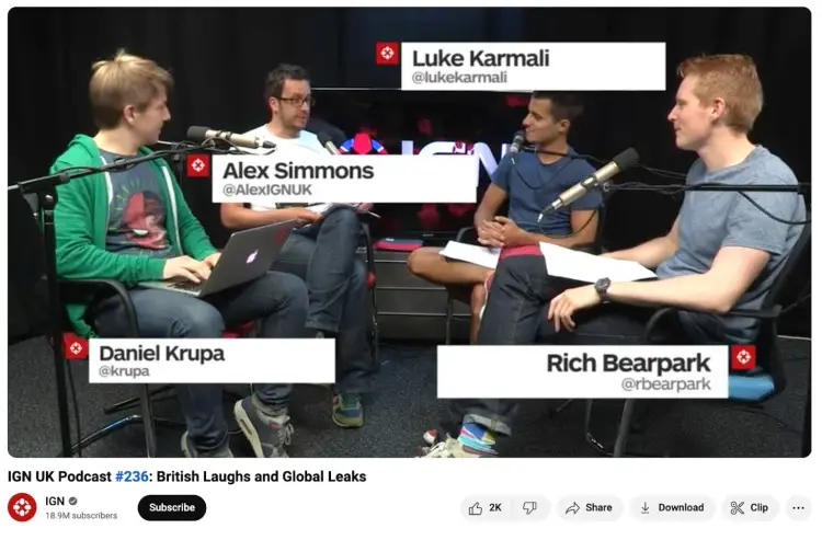 4 person podcast setup example showing four co-hosts seated in a studio with microphones, laptops, and a casual panel-style discussion setup.