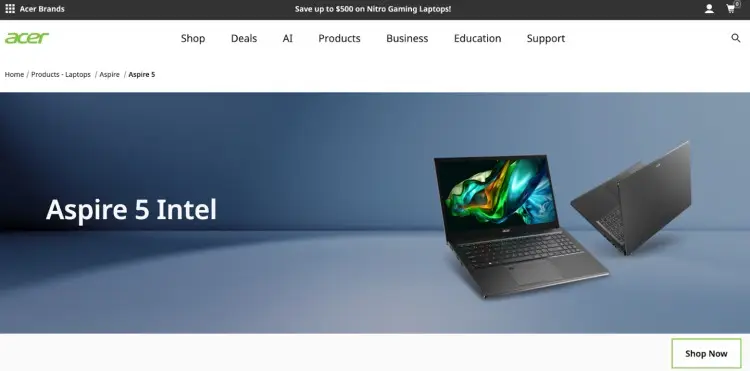 Acer Aspire 5 Intel laptop shown on Acer’s official product page, with front and rear views highlighting its sleek design and vibrant display.