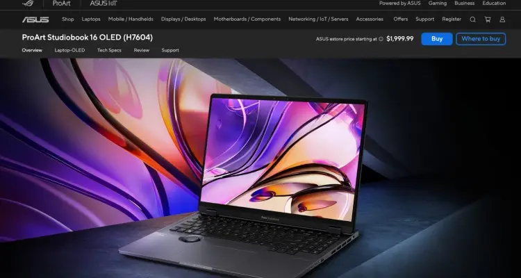 ASUS ProArt Studiobook 16 OLED laptop showcasing its vivid display and premium design, great for podcasting and high-end video editing tasks.