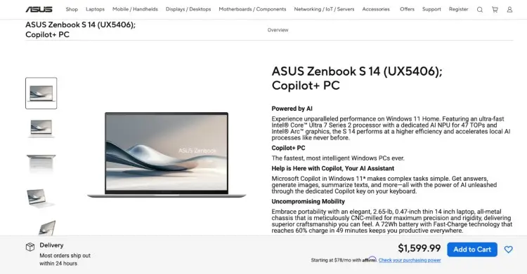 ASUS Zenbook S 14 Copilot+ PC product page highlighting features that make it great for podcasting, including AI tools, fast processor, and slim design.