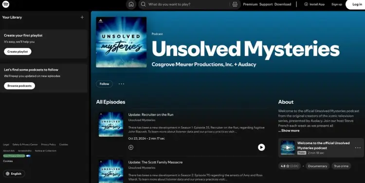 The Unsolved Mysteries podcast on Spotify, featuring a suspenseful podcast introduction script that sets the tone for compelling true crime storytelling.