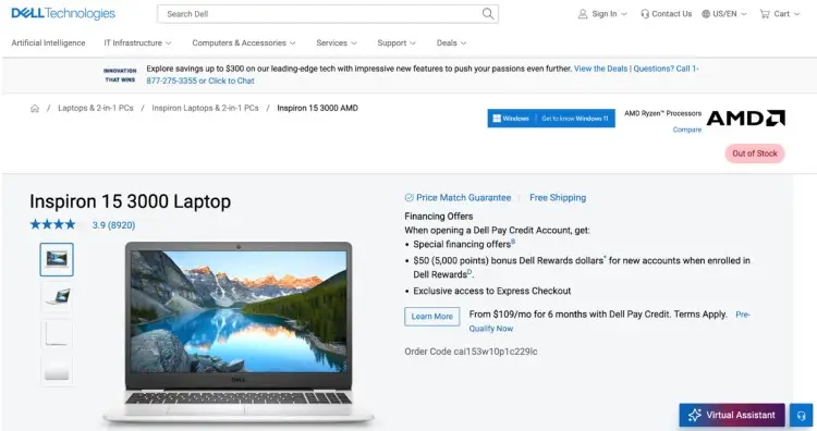Dell Inspiron 15 3000 laptop featured on the Dell Technologies website, ideal for podcasters with specific budget and preferences.