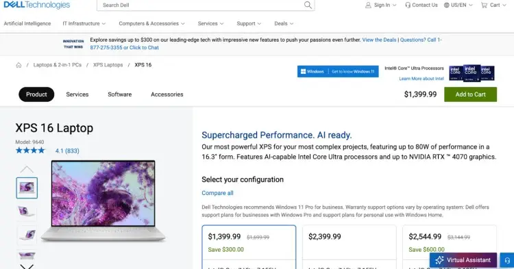 Dell XPS 16 product page highlighting the laptop’s powerful features, pricing, and configuration options, suitable for podcasting and complex creative tasks.