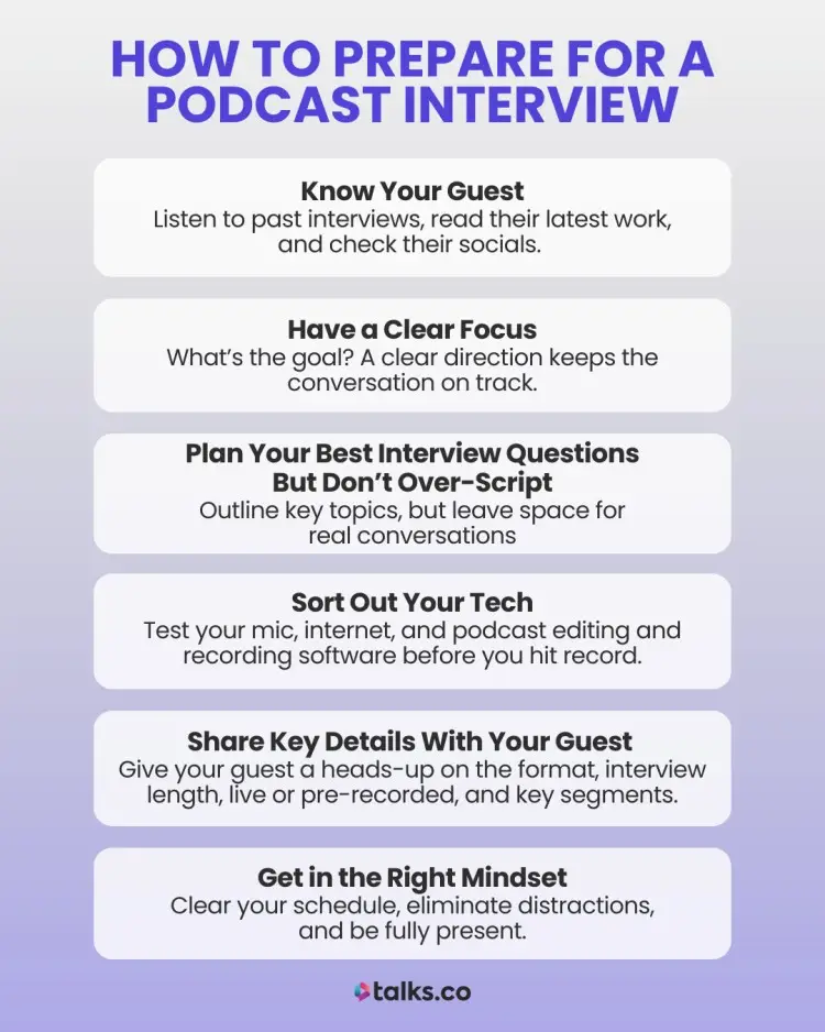 Guide on how to prepare for a podcast interview, including steps like knowing your guest, having a clear focus, and testing your tech.