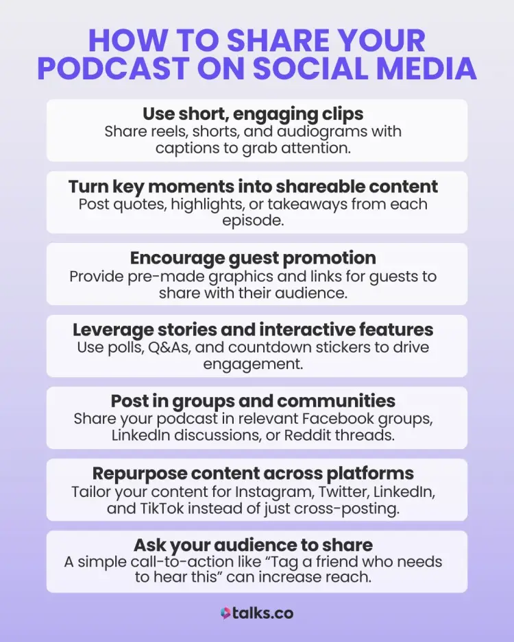 A guide on how to use social media to share your podcast effectively, including strategies like posting short clips, leveraging interactive features, repurposing content, and engaging communities.