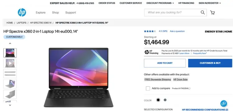 Screenshot of the HP Spectre x360 2-in-1 laptop product page featuring the 14-inch model with customizable options.