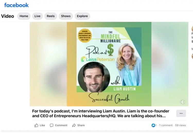 Facebook post featuring The Mindful Millionaire Podcast interview with Liam Austin and Leisa Peterson, showing how to interview like a pro.