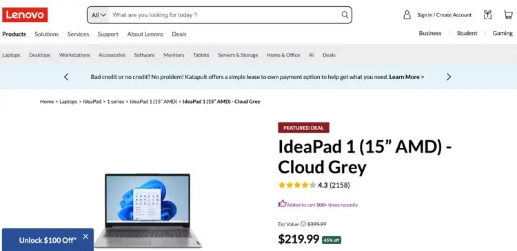 Lenovo IdeaPad 1 (15” AMD) in Cloud Grey featured on product page with pricing and discount, showing a budget laptop powerful enough for podcasting.