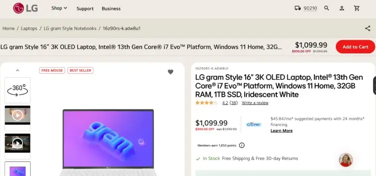 LG Gram Style 16" laptop product page displaying a thin, lightweight design with OLED screen and high RAM, beneficial for editing and podcasting.