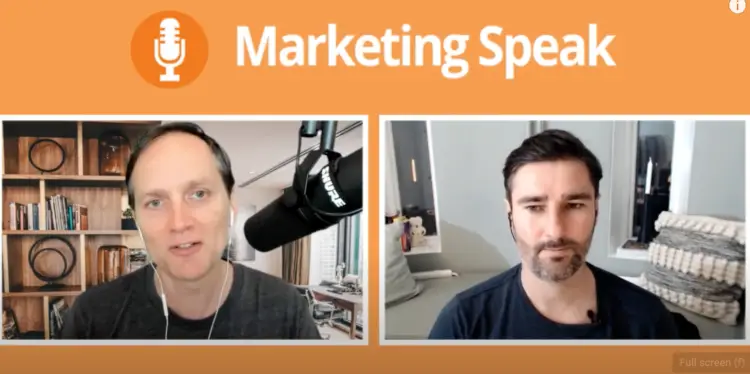 A split-screen image showing two podcasters in a Zoom video recording session with the "Marketing Speak" logo at the top, highlighting the option to choose to record on Zoom for podcast interviews.