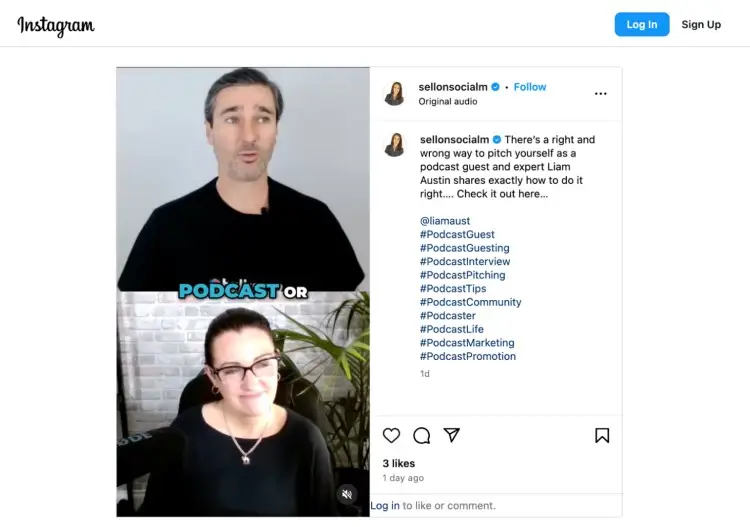 Liam Austin discusses podcast recording and the right way to pitch yourself as a podcast guest in an Instagram video with SellOnSocialM.