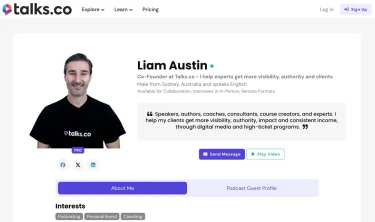Liam Austin's Talks.co profile showcases his expertise in helping experts gain visibility, authority, and clients, making him a good fit for podcast guesting and speaking engagements.