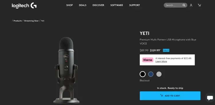 Logitech Blue Yeti wireless microphone system shown on product page, ideal for streaming, podcasting, and professional voice recording.