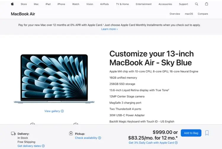 Screenshot of the Apple MacBook Air 13-inch product page featuring the 2025 M4 chip model in Sky Blue, highlighting its performance and portability.