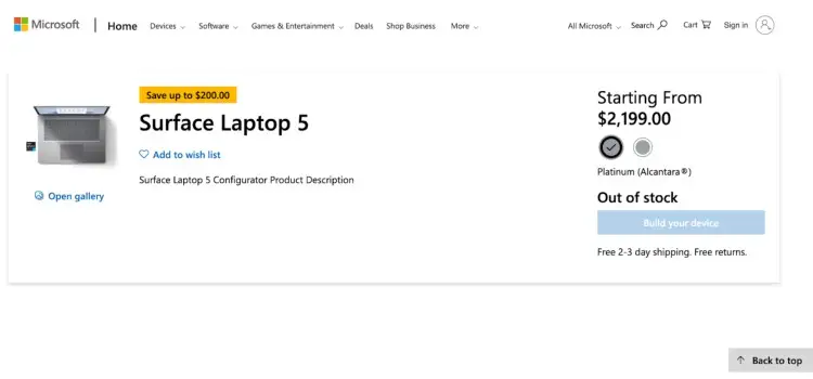 Microsoft Surface Laptop 5 product page showing pricing, configuration options, and out-of-stock status for podcasters.